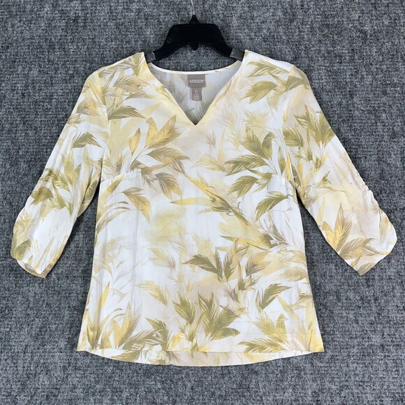 Chicos Shirt Womens Small 3/4 Sleeve Slub V-Neck Tee Floral Hawaiian‎ - Picture 1 of 11